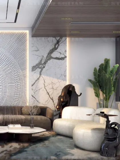 A detail shot of the Kirti Nagar lounge, featuring a striking black panther sculpture that adds a touch of bold personality to the room.