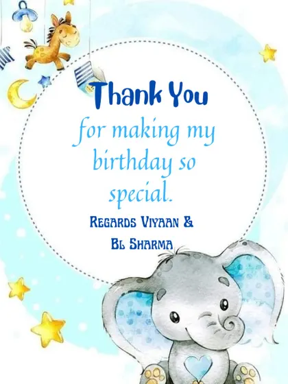 A thank you card for baby Viyaan's arrival, featuring a cute elephant and bear theme.