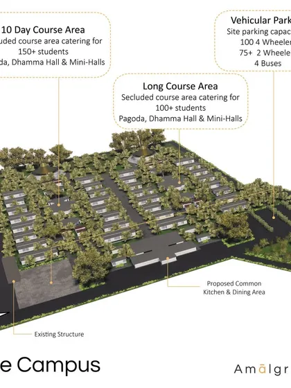 This is the master plan for the 22.5-acre Dhamma Anurakkhi Meditation Center. The layout shows how I approach large-scale site planning, with careful zoning for different course areas, accommodation, and public facilities. The entire campus is designed for sustainability and phased development.