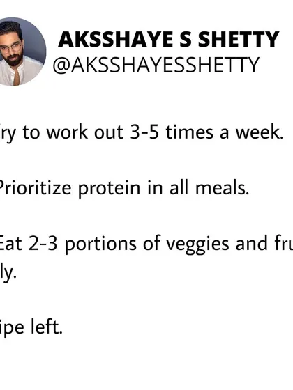 Here are the first habits to build for lasting fitness. Try to work out 3-5 times a week, prioritize protein in all your meals, and eat 2-3 portions of veggies and fruits daily.