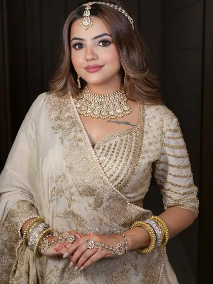 A close-up of the model's happy expression, wearing the ivory and gold lehenga. The jewellery adds a touch of royalty.