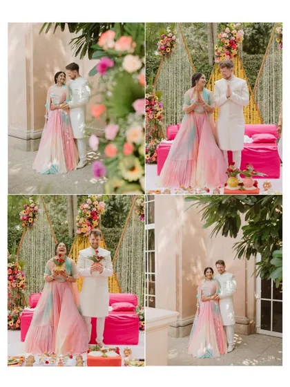 A collage of happy moments from a colorful Haldi ceremony, showing the couple's joy and the beautiful floral decor.