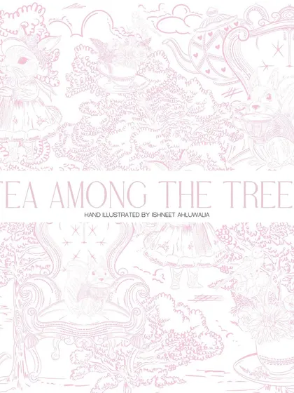 Welcome to 'Tea Among the Trees', a whimsical woodland tea party. This hand-illustrated collection features bunnies and squirrels in their finest attire, perfect for creating a magical storybook feel in a child's room or for party invitations.
