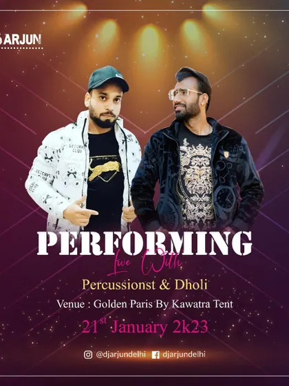 This poster highlights a performance with a percussionist and dholi. This trio is a powerhouse for baraats, sangeets, and any event that needs that authentic, high-energy Punjabi beat.