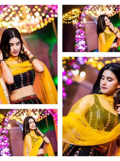 A collage showcasing a guest's beautiful black and yellow lehenga at a Sangeet or engagement party. We make sure to capture the fashion and style of your guests too.