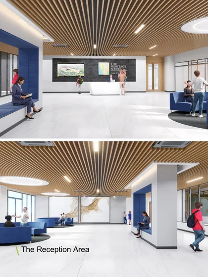 The reception area at Heritage Xperiential School, featuring comfortable seating nooks and a modern, clean aesthetic. This space serves as the first impression of the school, designed to be both welcoming and representative of its progressive learning philosophy.