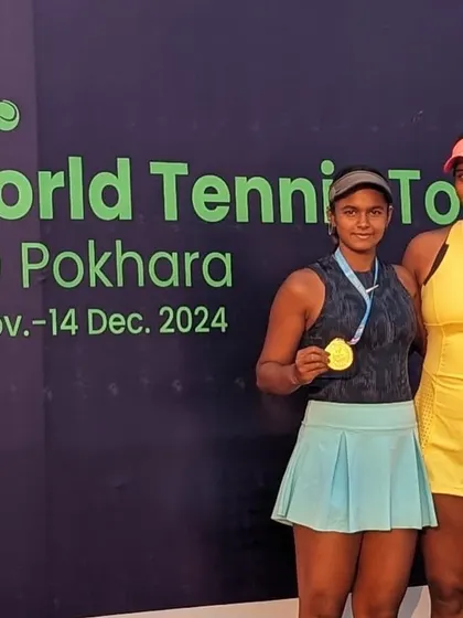 Disha Behera and her partner with their winners' medals at the ITF J30 in Pokhara, Nepal. We guide our players through international tournaments to build their experience and ranking.