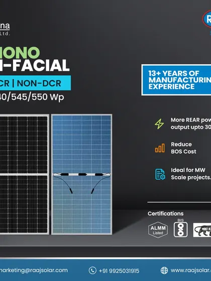 Discover the power of our Mono Bi-facial solar panels. With over 13 years of manufacturing experience, we offer certified panels that provide more rear power output and are ideal for large-scale projects.