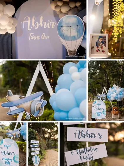 A collage of the details from the hot air balloon party, including the welcome signs, pathway markers, and airplane props.
