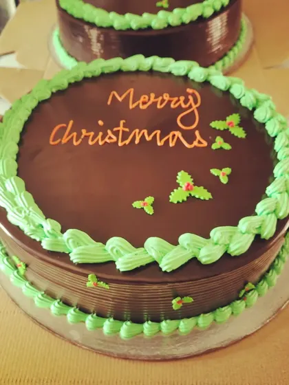 A simple and classic chocolate Christmas cake with green and red frosting.