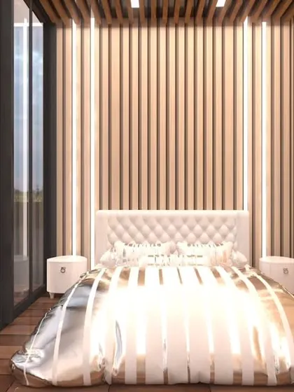 A concept for a bedroom inside a glass house structure. This render shows how we can create a private and luxurious room with full-height glass walls overlooking the garden.