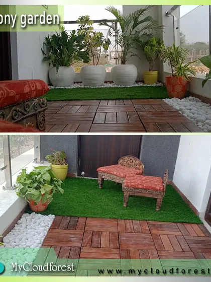 This collage showcases a versatile balcony design. I combined interlocking wooden deck tiles with patches of artificial grass to create visual interest and define different areas. This approach is perfect for adding character to long, narrow balconies.