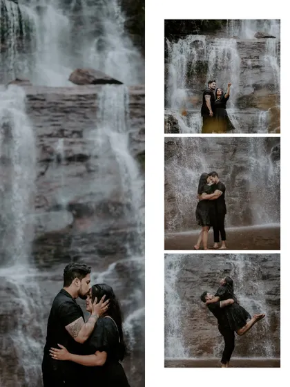 A creative collage showcasing various poses from the couple's dramatic waterfall pre-wedding session.