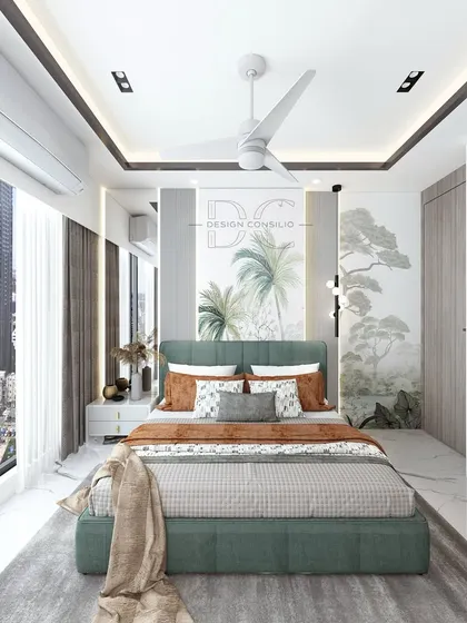 A bedroom with a view. This design combines earthy tones of green and terracotta with nature-inspired wallpaper. The large window allows for plenty of natural light, making the room feel bright and connected to the outdoors.