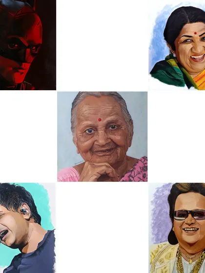 My top five artworks from 2022. This collection includes portraits of Batman, Lata Mangeshkar, KK, Bappi Lahiri, and a commissioned portrait of a grandmother.