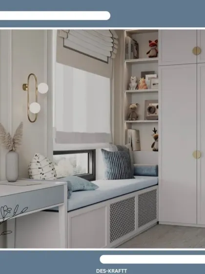 A charming window seat with built-in storage, providing a perfect spot for reading or relaxing in this blue-themed room.