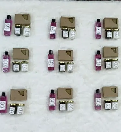 I love creating return gifts for special events like this Mehendi ceremony. These favors include my Lavender body wash, coffee scrub, Shea butter, and a Multani mitti soap, all beautifully packaged for guests.