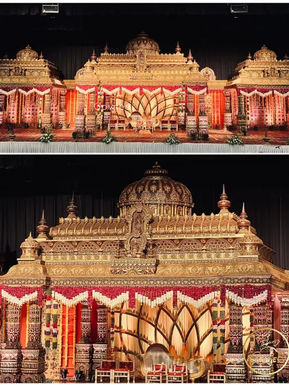 A collage showing the incredible detail and scale of a palace-themed wedding stage, perfect for a royal celebration.