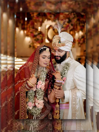 A beautiful moment from the Varmala ceremony, the couple captured in a timeless, edited frame.