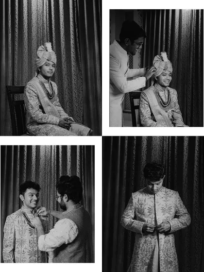 The groom getting ready. This collage of black and white photos captures the quiet moments of preparation, from adjusting the turban to the final touches, surrounded by friends and family.