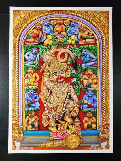 My completed hyper-realistic sketch of Shree Kashtbhanjan Dev Hanuman ji from Sarangpur. This was an incredibly detailed piece, using colour pencils and markers to bring out the vibrancy.