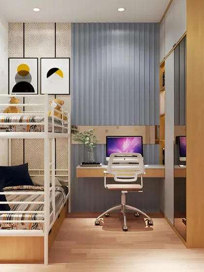 A simple and modern bunk bed with a built-in desk. This is a great all-in-one solution for a smaller room, providing space for sleep, study, and storage.