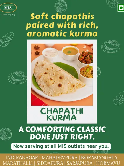 A comforting classic done just right. Our soft chapathis are paired with a rich, aromatic vegetable kurma, making for a wholesome and satisfying meal.
