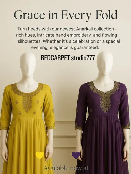 A graphic showcasing my "Grace in Every Fold" Anarkali collection. These pieces in rich hues are designed with flowing silhouettes and intricate hand embroidery for guaranteed elegance.