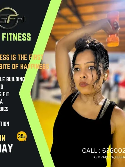 Fitness is the first requisite of happiness. This promotional graphic highlights the variety of classes we offer, including muscle building, cardio, and CrossFit, with a member demonstrating a dumbbell lift.