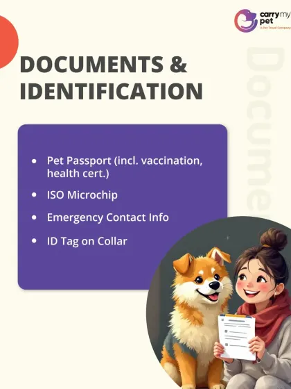 Part of the checklist: Documents and Identification. This includes your pet's passport, ISO microchip, and an ID tag on their collar.