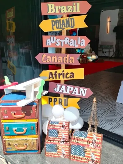 A directional signpost pointing to various countries, a key decorative element for a travel-themed party.
