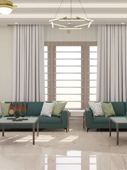 This living room features a striking geometric partition with metallic accents that creates a captivating focal point. The plush teal sofas and sleek television unit invite relaxation and entertainment.
