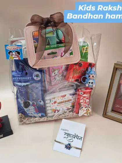 A fun Raksha Bandhan hamper designed especially for kids. This transparent tote is filled with astronaut-themed goodies, unicorn items, and a kid-friendly Rakhi, making the festival exciting for the little ones.