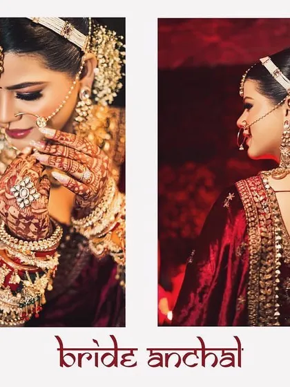 A collage of the bride, Anchal, showing close-ups of her makeup, jewelry, and the back of her blouse with its beautiful hairpiece. It's all about capturing the details.