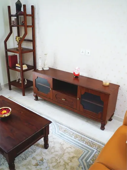 A modern TV console with a unique design, featuring cabriole legs and doors with a traditional arch motif, blending different styles beautifully.
