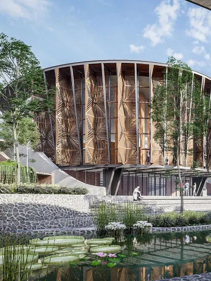 A close-up render of the Centre for Excellence's auditorium, showing the detail of the facade and its relationship to the surrounding landscape. The design creates a powerful dialogue between architecture and nature.
