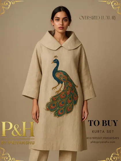 A full-length view of the beige linen kurta set, highlighting its comfortable, flowing silhouette and the striking contrast of the vibrant embroidery.