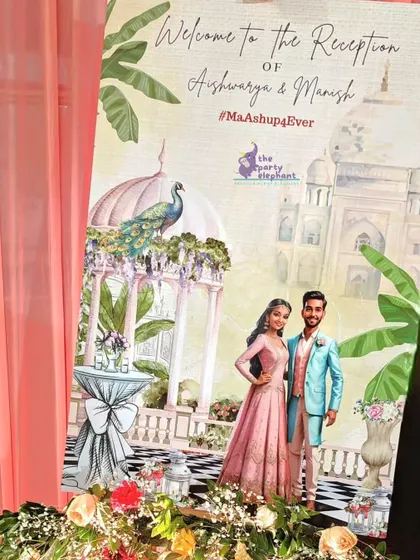 I love creating custom illustrated welcome signs. This one for Aishwarya and Manish's reception featured a beautiful caricature of the couple against a backdrop of the Taj Mahal, personalized with their wedding hashtag.
