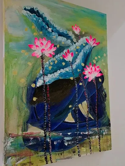 A series of vibrant floral paintings featuring blue and pink water lilies. These pieces, available as single or multi-panel artworks, bring a splash of color and Zen-like tranquility to any room.