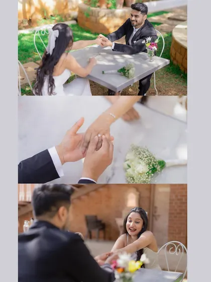 A collage showing the proposal moment and the beautiful engagement ring. We focus on these small but significant details that you will cherish forever.