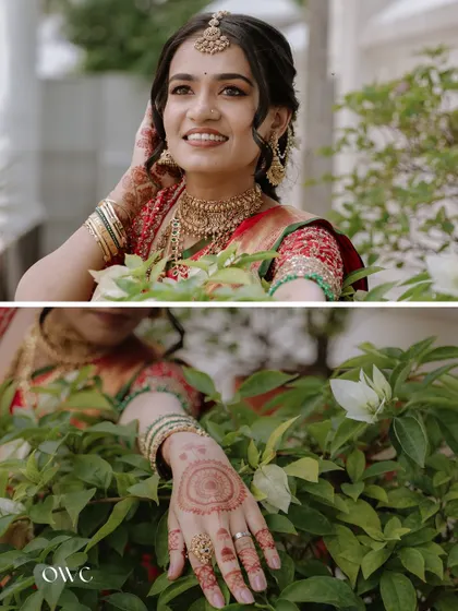 A collage of a beautiful bride, capturing her smile and the intricate details of her henna.