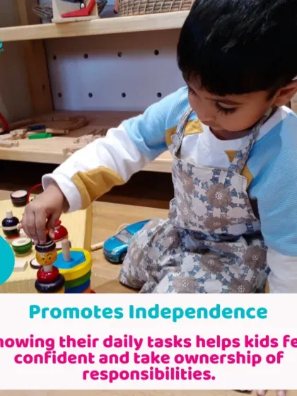 A toddler focused on a stacking toy. These classic wooden toys are excellent for promoting independence and developing hand-eye coordination.