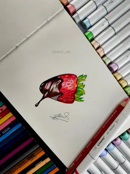 A fun, realistic drawing of a chocolate-covered strawberry. I used Prismacolor pencils and markers to make the chocolate look rich and glossy and the strawberry look fresh.