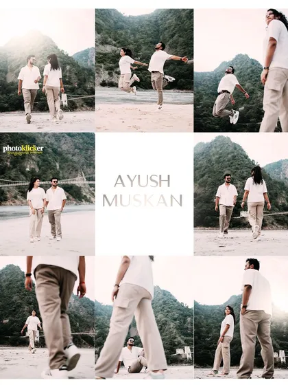 A nine-grid collage showcasing a variety of playful and candid shots from a casual pre-wedding shoot on a riverbank.