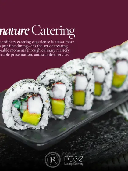A line of California rolls, showcasing the clean and precise technique of our sushi chefs. Signature catering is about culinary mastery and impeccable presentation.