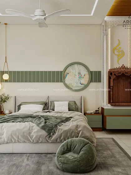 This bedroom design incorporates a serene pooja mandir. The green accent wall and natural wood tones create a peaceful and grounded atmosphere.
