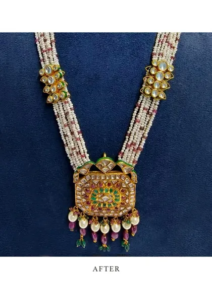 The final refurbished piece. We changed the pink bead strings to delicate pearls and refined the polki work, giving the necklace a modern twist while honouring the original design.