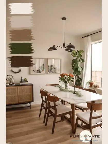 This dining space uses a warm, brown-toned palette to create a welcoming atmosphere. The white marble tabletop contrasts beautifully with the wooden chairs and rattan sideboard.