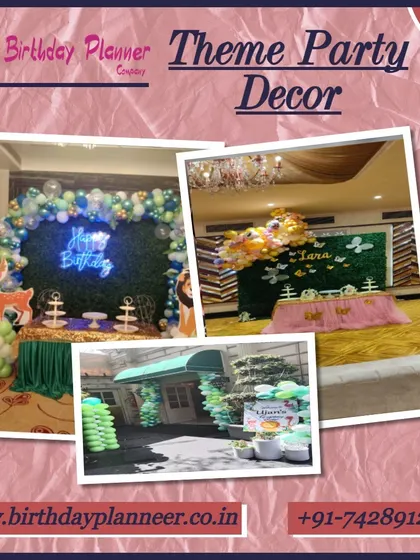 This collage showcases various theme party decor setups. It includes a foliage wall with a neon sign, a dessert table with a butterfly theme, and an outdoor entrance, showing our range and adaptability.