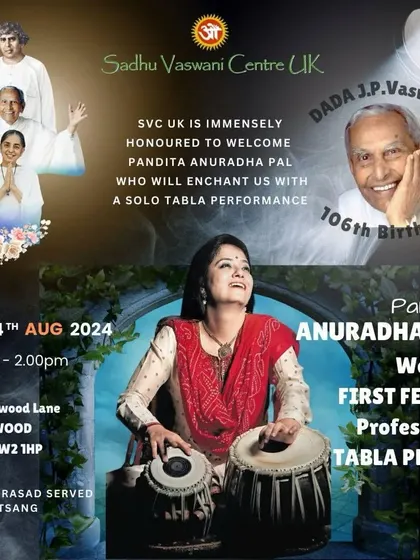 The announcement for my Tabla solo performance at the Sadhu Vaswani Centre in London.